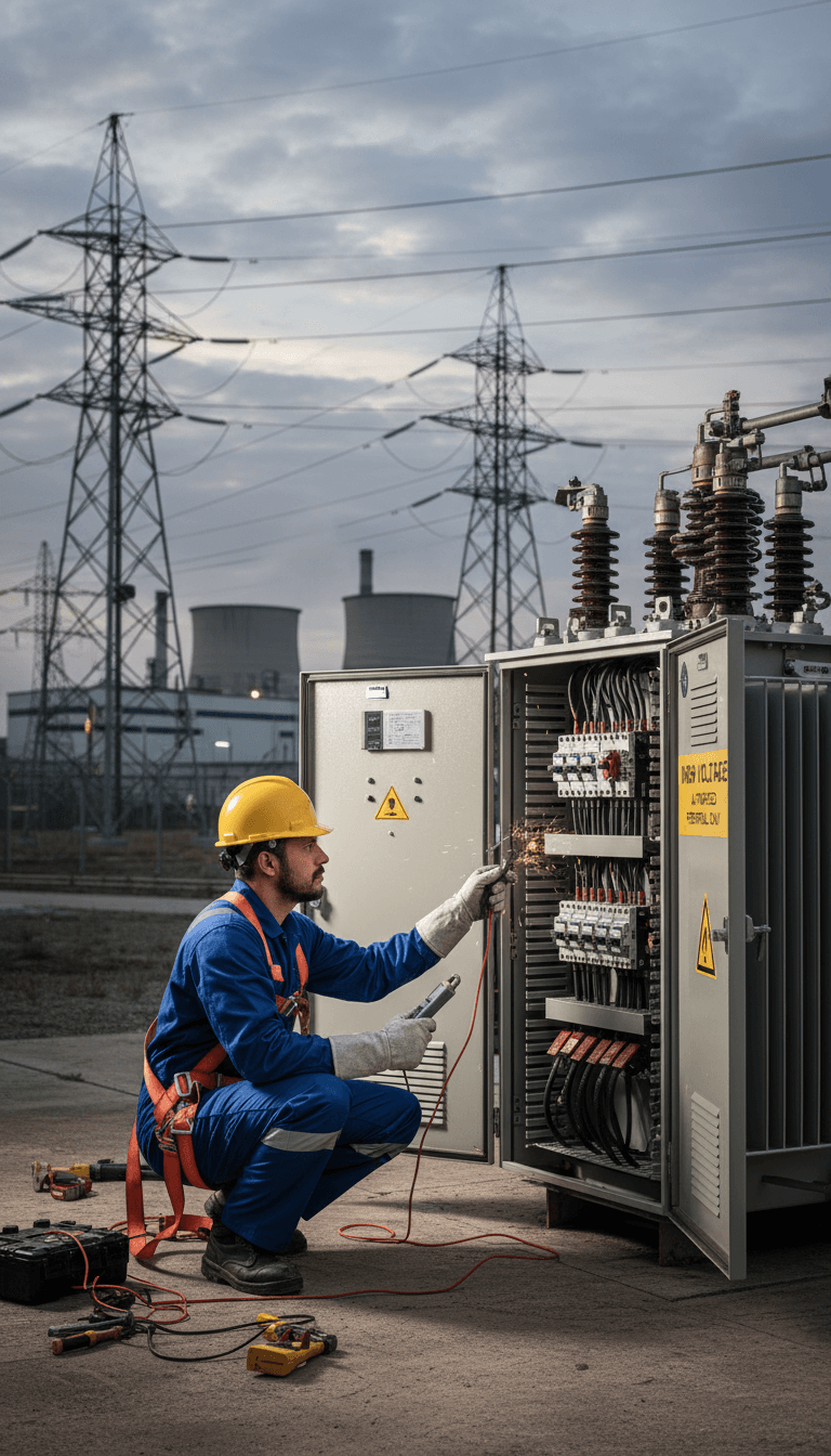 Technician performing field maintenance on industrial electrical system