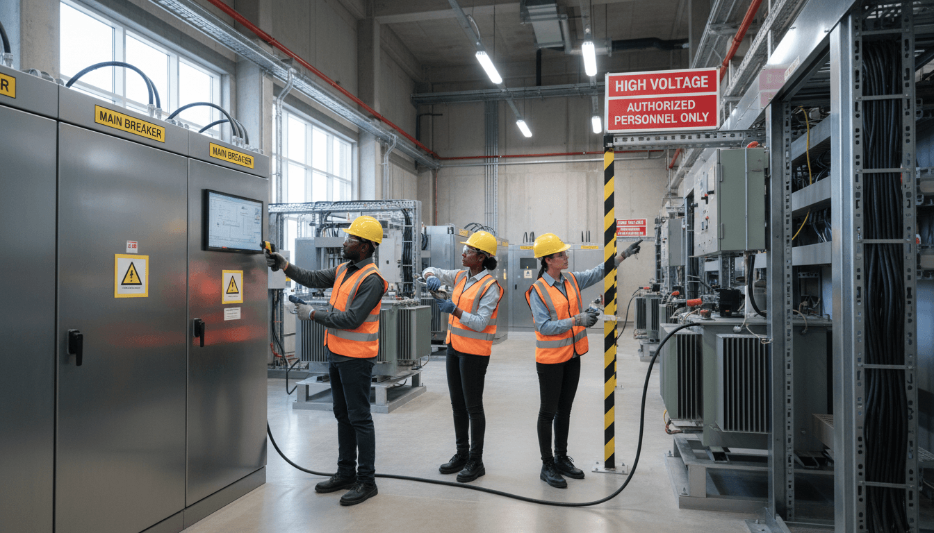 Expert technicians servicing and testing power transformers